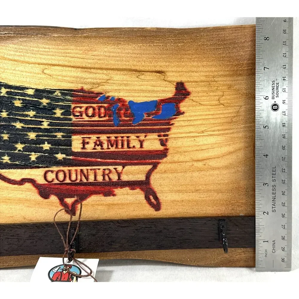 Live Edge Wooden Key Holder Wall Rack God Family Country USA Flag 3 Hooks